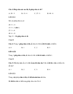 20 câu Trắc nghiệm Phép chia hết, phép chia có dư (Kết nối tri thức) có đáp án 2024 – Toán lớp 3