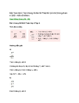 Giải SGK Toán lớp 2 Tập 2 trang 92, 93, 94, 95, 96 Bài 62: Phép trừ (có nhớ) trong phạm vi 1000 | Kết nối tri thức