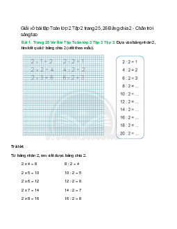 Vở bài tập Toán lớp 2 Tập 2 trang 25, 26: Bảng chia 2 | Chân trời sáng tạo