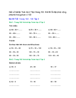 Vở bài tập Toán lớp 2 Tập 2 trang 102, 103, 104, 105 Bài 69: Ôn tập phép cộng, phép trừ trong phạm vi 100 | Kết nối tri thức