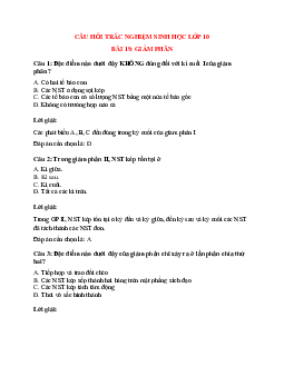 Trắc nghiệm Sinh học 10 Bài 19 có đáp án: Giảm phân