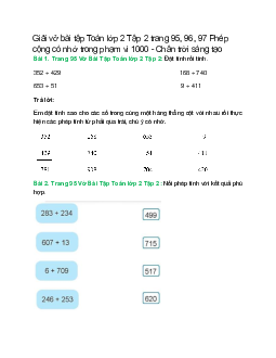 Vở bài tập Toán lớp 2 Tập 2 trang 95, 96, 97: Phép cộng có nhớ trong phạm vi 1000 | Chân trời sáng tạo