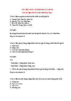Trắc nghiệm Địa lí 10 Bài 40 có đáp án: Địa lí ngành thương mại