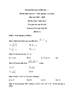 Bộ 7 Đề thi Giữa học kì 1 Toán lớp 9 Trắc nghiệm + Tự luận năm 2022
