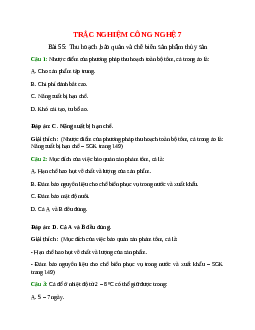 Trắc nghiệm Công nghệ 7 Bài 55 có đáp án: Thu hoạch, bảo quản và chế biến sản phẩm thủy sản