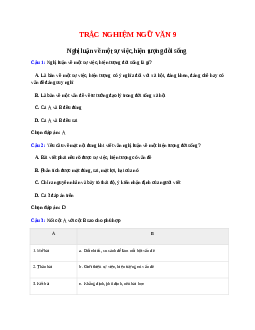 17 câu Trắc nghiệm Nghị luận về một sự việc, hiện tượng đời sống có đáp án 2023 - Ngữ văn 9