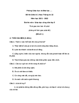 [Năm 2022] Bộ Đề thi Giữa kì 1 GDCD 8 theo thông tư 22 (8 đề)