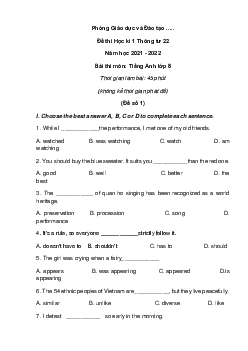 [Năm 2022] Bộ 5 Đề thi Học kì 1 Tiếng Anh lớp 8 Thông tư 22 có đáp án