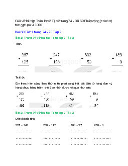 Vở bài tập Toán lớp 2 Tập 2 trang 74, 75, 76, 77 Bài 60: Phép cộng (có nhớ) trong phạm vi 1000 | Kết nối tri thức