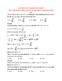 30 câu Trắc nghiệm Hình trụ - Diện tích xung quanh và thể tích hình trụ có đáp án 2023 – Toán lớp 9
