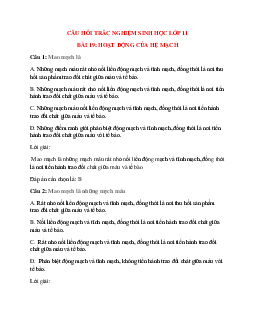 32 câu Trắc nghiệm Sinh học 11 Bài 19 có đáp án 2023: Hoạt động của hệ mạch