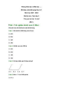 Đề thi Học kì 1 Toán 3 năm 2021 - 2022 có đáp án (10 đề)
