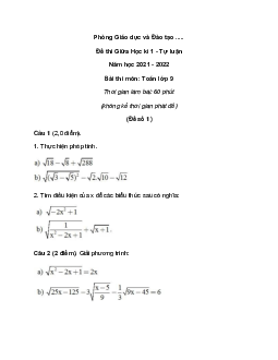 Bộ 7 Đề thi Giữa học kì 1 Toán lớp 9 Tự luận năm 2022