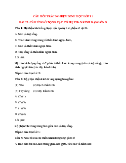 28 câu Trắc nghiệm Sinh học 11 Bài 27 có đáp án 2023: Cảm ứng ở động vật có hệ thần kinh dạng ống