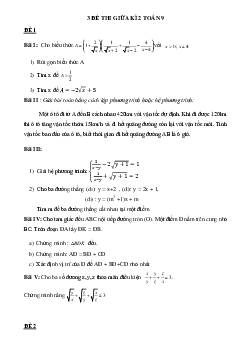 Bộ 3 đề thi giữa học kì 2 Toán 9 năm 2022