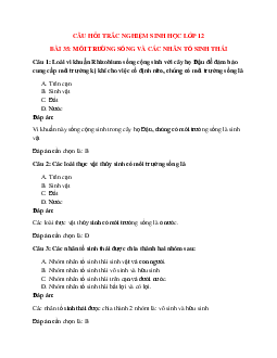 85 câu Trắc nghiệm Sinh học 12 Bài 35 có đáp án 2023: Môi trường sống và các nhân tố sinh thái