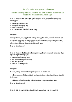 Trắc nghiệm Địa lí 10 Bài 18 có đáp án: Sinh quyển. Các nhân tố ảnh hưởng tới sinh vật