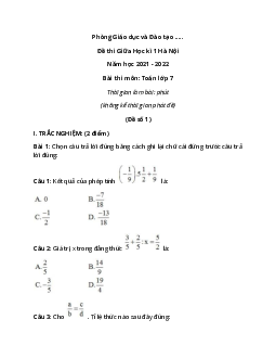 Đề thi Giữa học kì 1 Toán lớp 7 Hà Nội năm 2021 (8 đề)