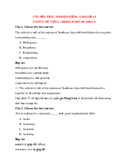 15 câu Trắc nghiệm Tiếng Anh 11 mới Unit 5 có đáp án 2023: Từ vựng - Being part of Asean