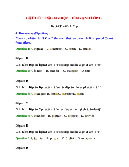 Trắc nghiệm Tiếng Anh 10 Unit 14 có đáp án: The World Cup