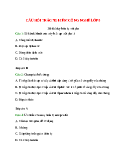 10 câu Trắc nghiệm Công nghệ 8 Bài 46 có đáp án 2023: Máy biến áp một pha