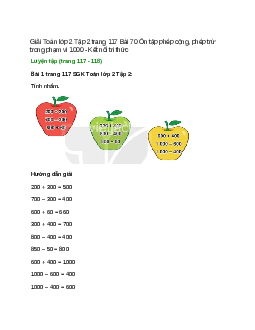 Giải SGK Toán lớp 2 Tập 2 trang 117, 118, 119, 120, 121 Bài 70: Ôn tập phép cộng, phép trừ trong phạm vi 1000 | Kết nối tri thức