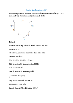 Một mảnh đất được vẽ trên bản đồ tỉ lệ 1 : 1000 (xem hình vẽ). Tính chu vi và diện tích mảnh đất đó