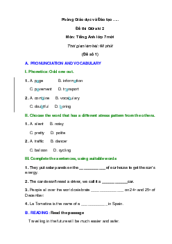 Đề thi Tiếng Anh 7 mới Giữa Học kì 2 có đáp án (5 đề)