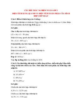 15 câu Trắc nghiệm Diện tích xung quanh, toàn phần của hình hộp chữ nhật có đáp án 2023 – Toán lớp 5