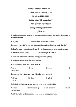 [Năm 2022] Đề thi Học kì 2 Tiếng Anh lớp 7 Thông tư 22 có đáp án (5 đề)