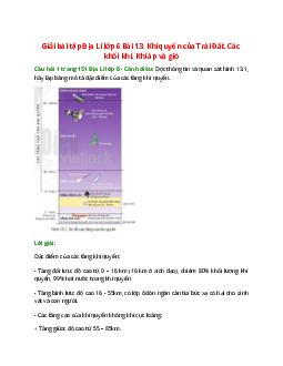 Đọc thông tin và quan sát hình 13.1, hãy lập bảng mô tả đặc điểm của các tầng khí quyển