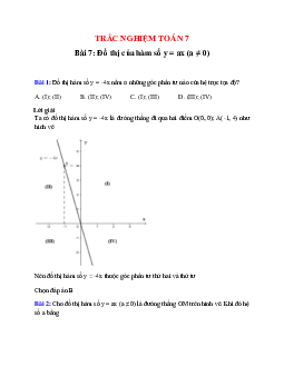 Trắc nghiệm Đồ thị của hàm số y = ax (a ≠ 0) có đáp án – Toán lớp 7