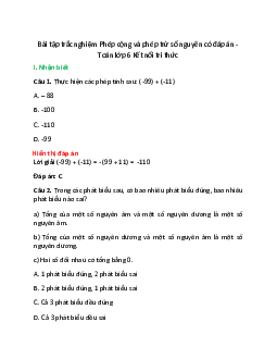 22 câu Trắc nghiệm Phép cộng và phép trừ số nguyên (Kết nối tri thức) có đáp án 2024 – Toán 6