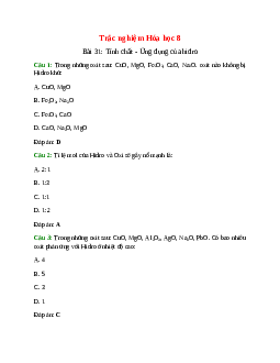 30 câu Trắc nghiệm Tính chất - Ứng dụng của hiđro có đáp án 2024 – Hóa học lớp 8