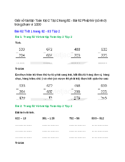 Vở bài tập Toán lớp 2 Tập 2 trang 82, 83, 84, 85, 86, 87 Bài 62: Phép trừ (có nhớ) trong phạm vi 1000 | Kết nối tri thức