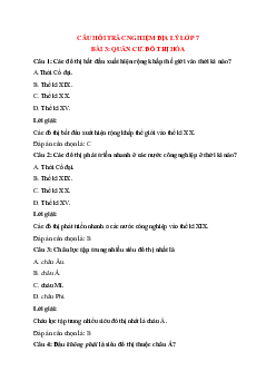 Trắc nghiệm Địa lý 7 Bài 3 có đáp án: Quần cư. Đô thị hóa