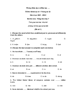 [Năm 2021] Đề thi Giữa kì 1 Tiếng Anh lớp 7 Thông tư 22 có đáp án (5 đề)