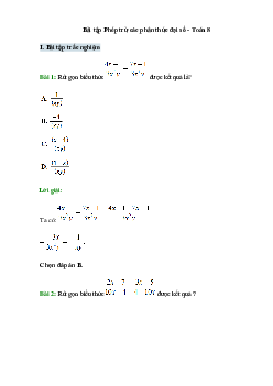 50 Bài tập Phép trừ các phân thức đại số (có đáp án)- Toán 8