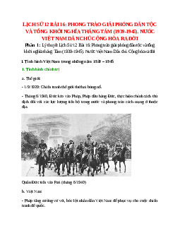 Lý thuyết Lịch Sử 12 Bài 16 (mới 2023 + 157 câu trắc nghiệm): Phong trào giải phóng dân tộc và tổng khởi nghĩa tháng Tám (1939-1945). Nước Việt Nam Dân chủ Cộng hòa ra đời