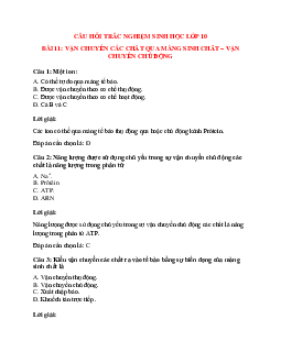 Trắc nghiệm Sinh học 10 Bài 11 có đáp án: Vận chuyển các chất qua màng sinh chất – Vận chuyển chủ động