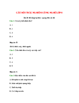 10 câu Trắc nghiệm Công nghệ 8 Bài 38 có đáp án 2023: Đồ dùng loại điện - quang: Đèn sợi đốt