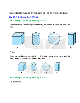 Vở bài tập Toán lớp 2 Tập 2 trang 31, 32, 33, 34 Bài 46: Khối trụ, khối cầu | Kết nối tri thức