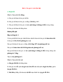 20 câu Trắc nghiệm Các góc ở vị trí đặc biệt (Chân trời sáng tạo) có đáp án 2024 – Toán lớp 7
