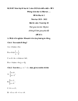 Bộ 10 đề thi Toán lớp 10 học kì 2 năm 2021 tải nhiều nhất