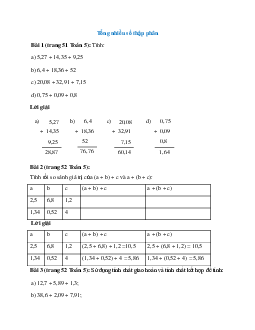Toán lớp 5 trang 51, 52 Tổng nhiều số thập phân