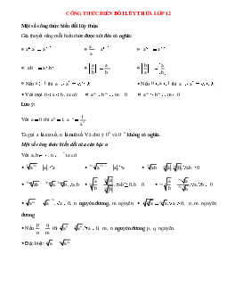 Công thức biến đổi lũy thừa lớp 12
