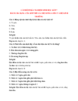 Trắc nghiệm Sinh học 7 Bài 51 có đáp án: Đa dạng của lớp thú các bộ móng guốc và bộ linh trưởng