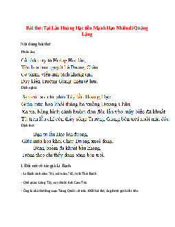 Tại Lầu Hoàng Hạc tiễn Mạnh Hạo Nhiên đi Quảng Lăng - nội dung, dàn ý phân tích, bố cục, tóm tắt