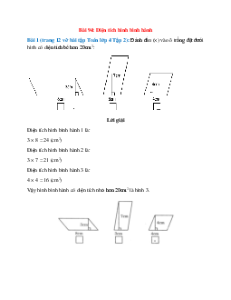 Đánh dấu (×) vào ô trống đặt dưới hình có diện tích bé hơn 20cm2