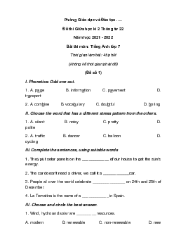 [Năm 2022] Đề thi Giữa kì 2 Tiếng Anh lớp 7 Thông tư 22 có đáp án (5 đề)